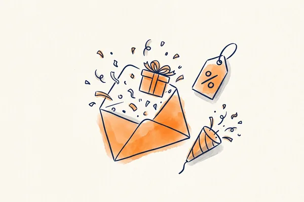 Hand-drawn envelope bursting with confetti, a gift box and a price tag, illustrating a promotional email