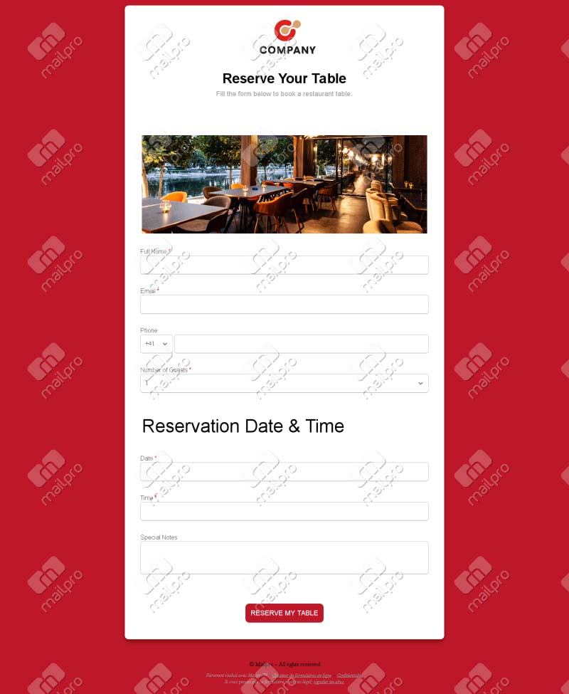 Booking & Reservation Form Templates | Mailpro™