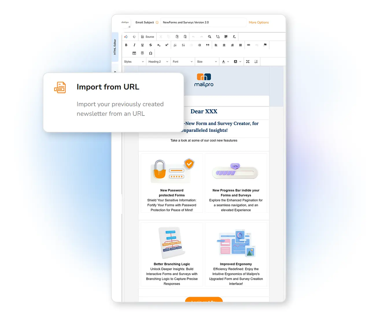 Import an email newsletter directly from a web page URL into Mailpro