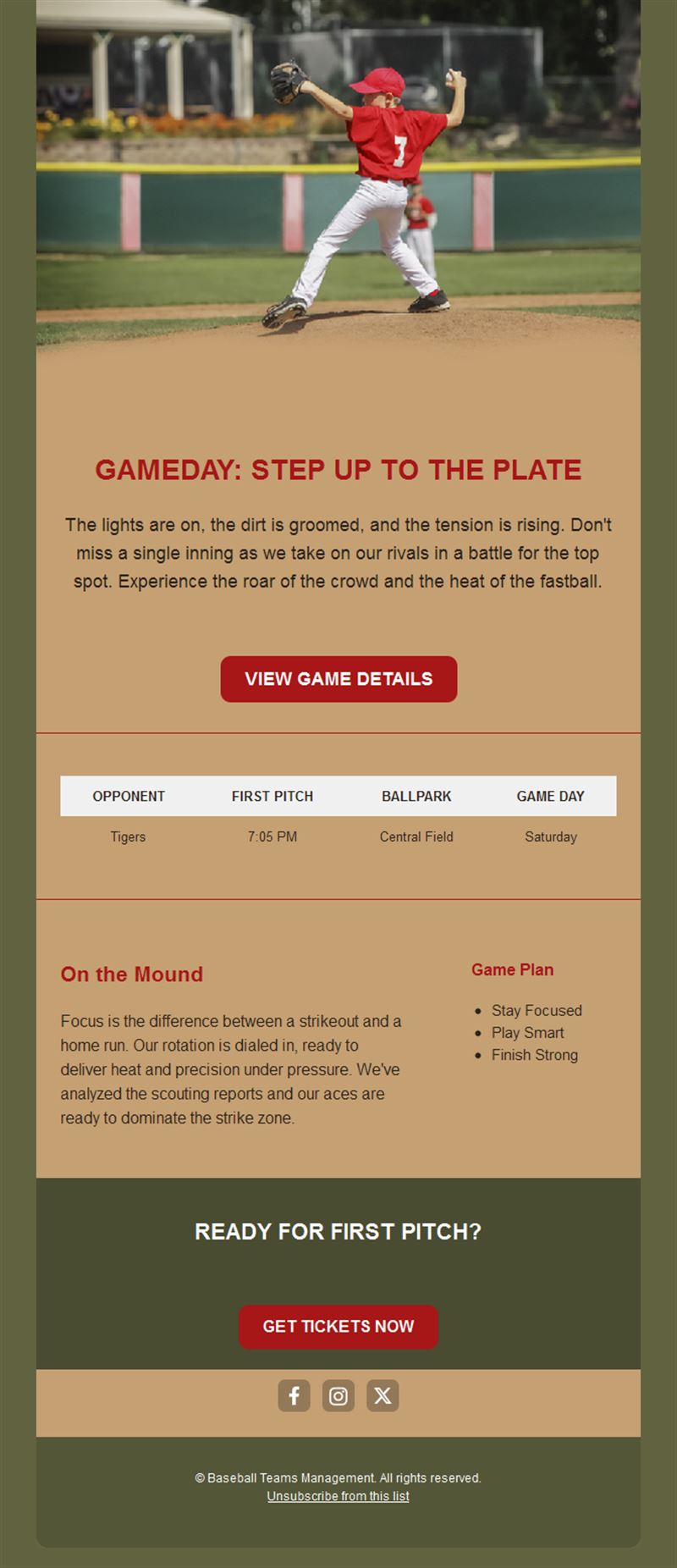Baseball game day tickets email template