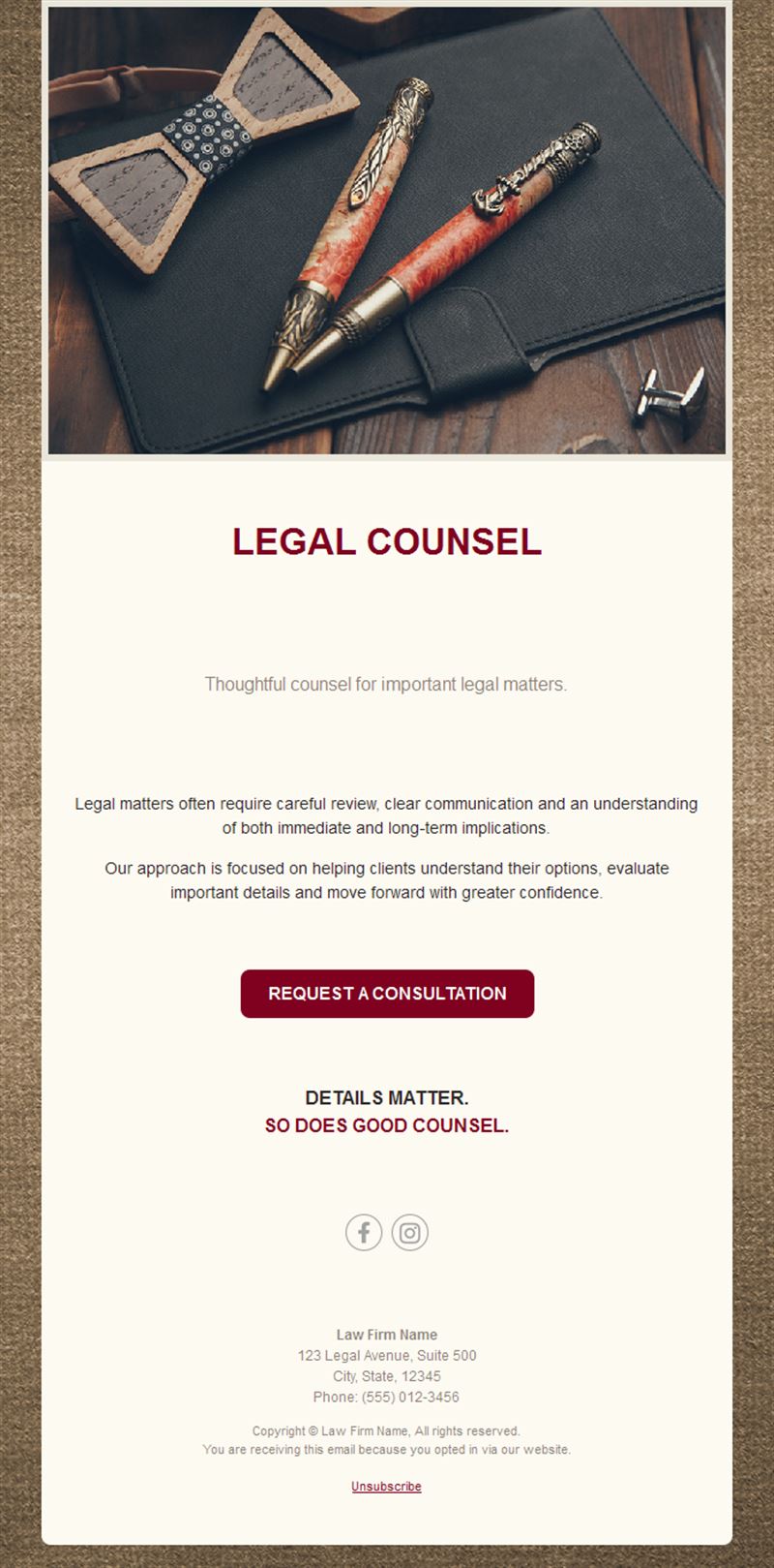 Cream legal counsel email template
