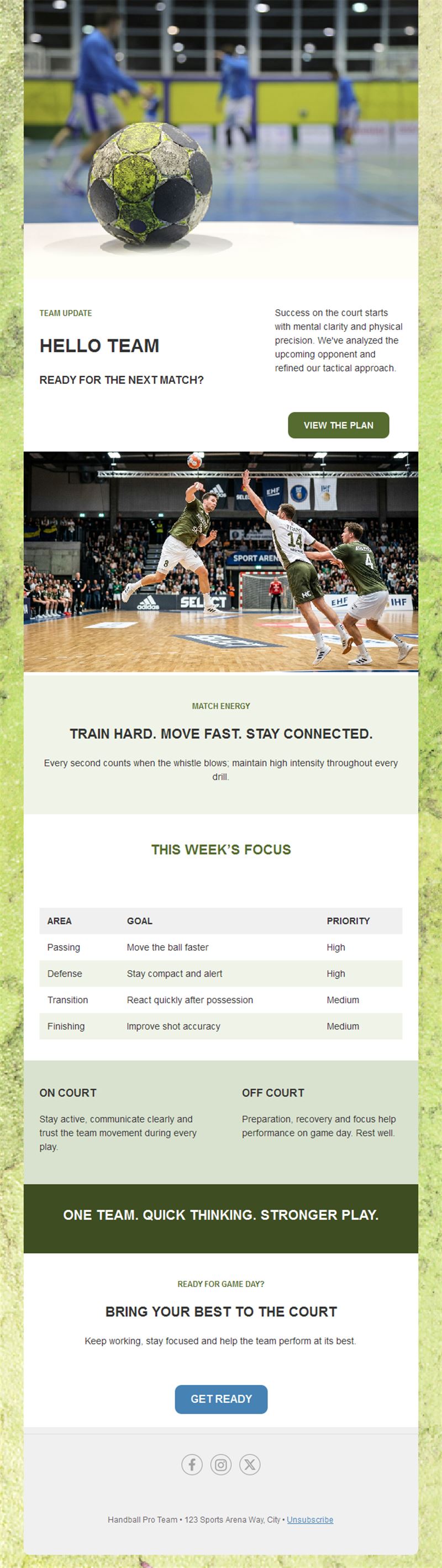 Handball team update with weekly plan