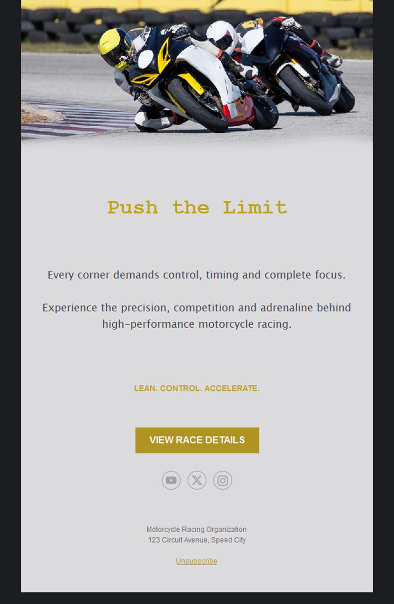 Motorcycle race details email template