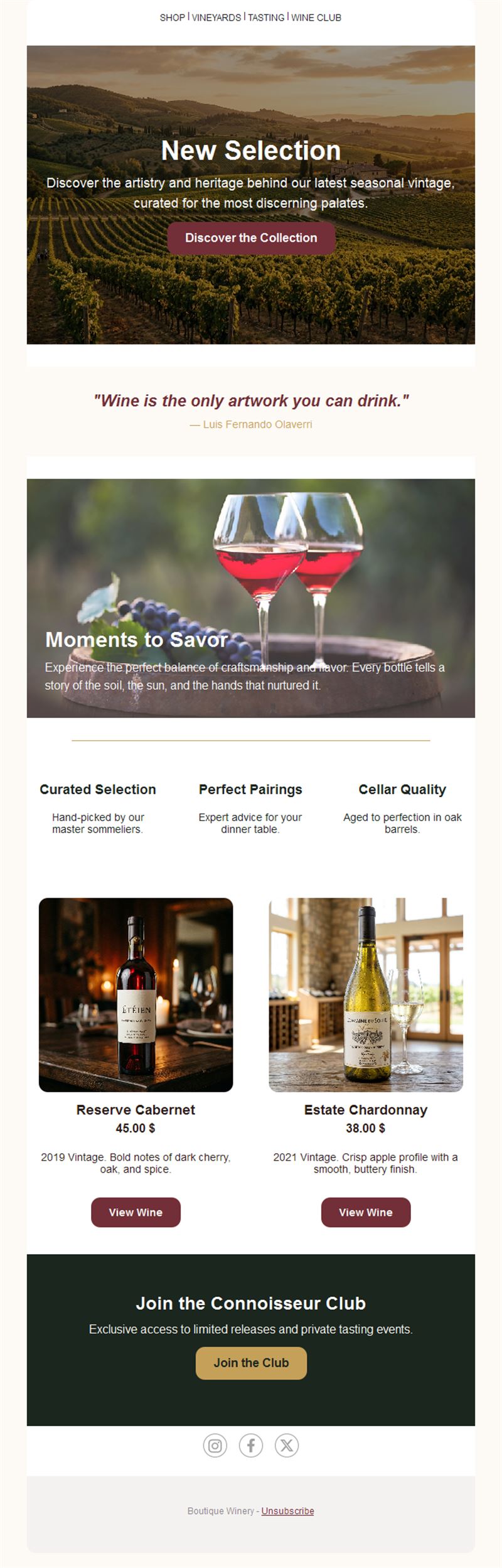Wine and food pairing email