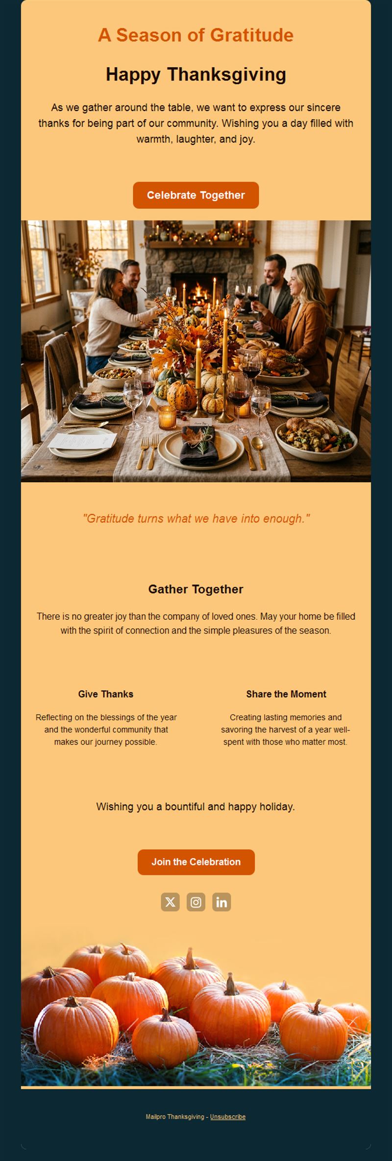 Thanksgiving celebration email in orange