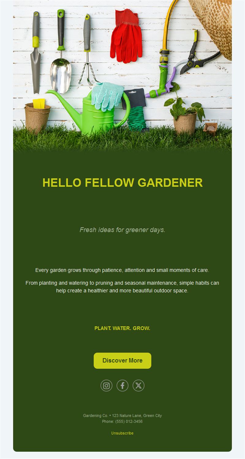 Dark green gardening email with tools