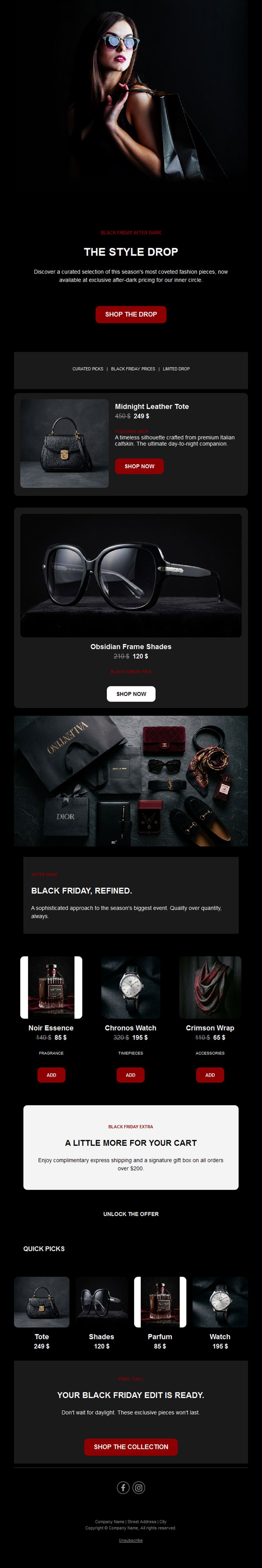Black Friday style drop email for fashion