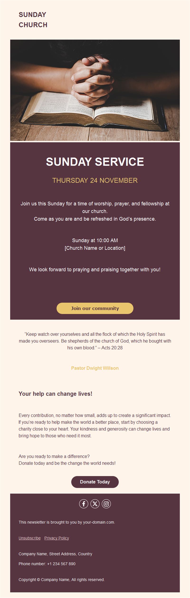 Church Sunday service email template