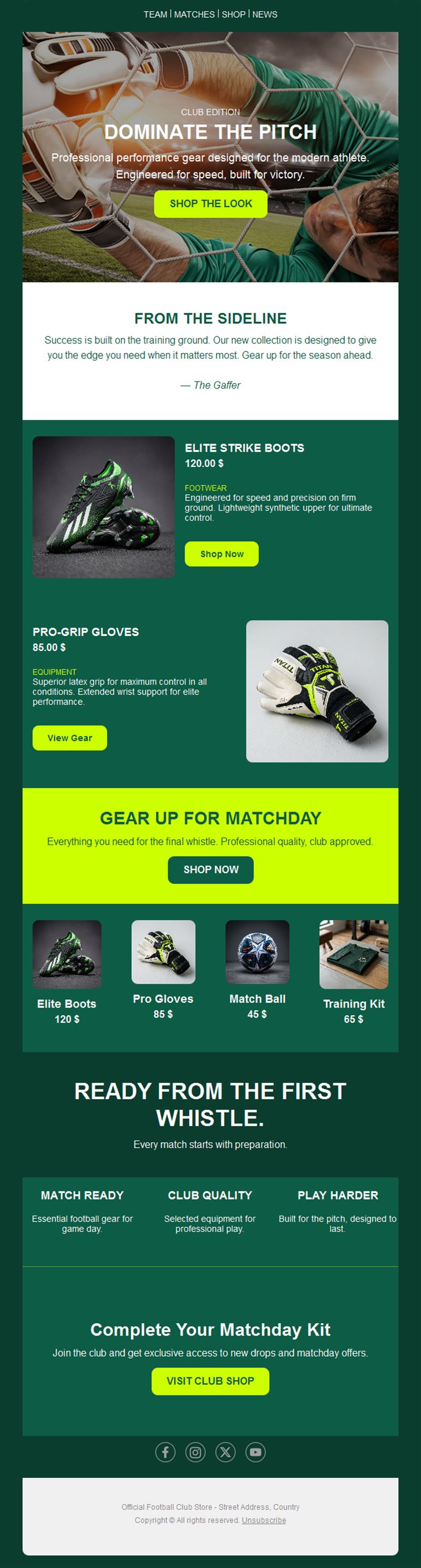 Football gear shop email with products