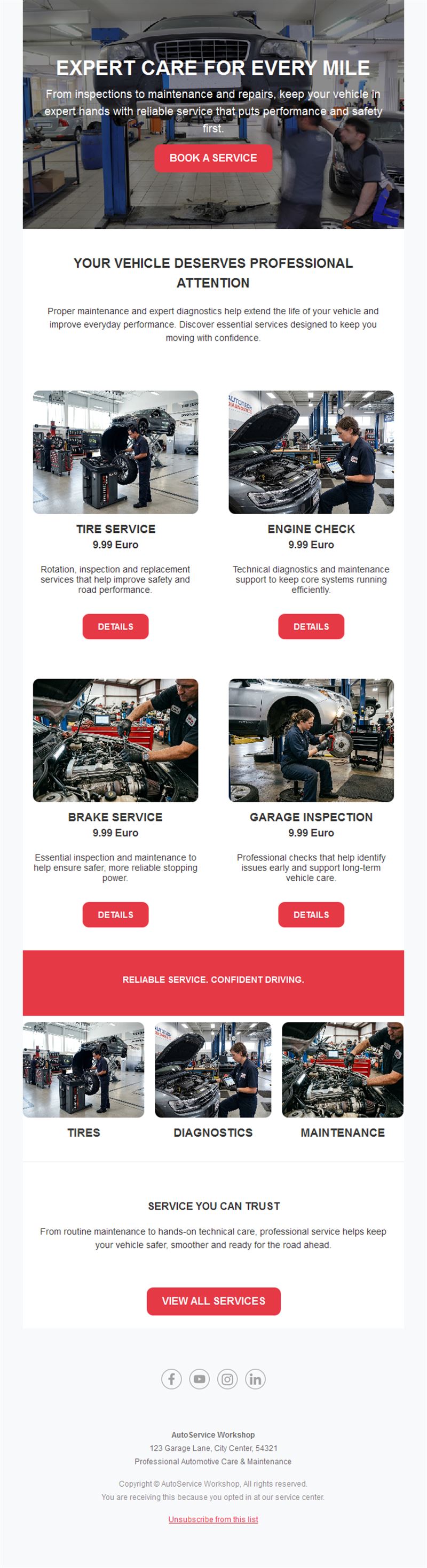Garage services and prices email template