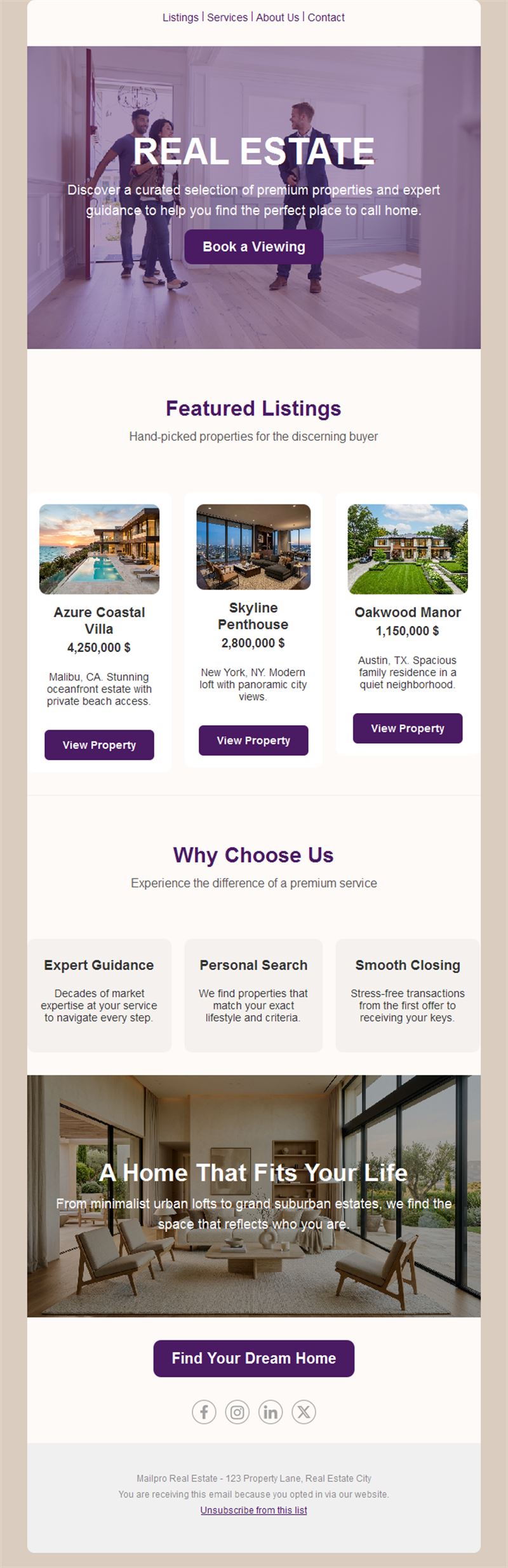 Purple real estate listings email