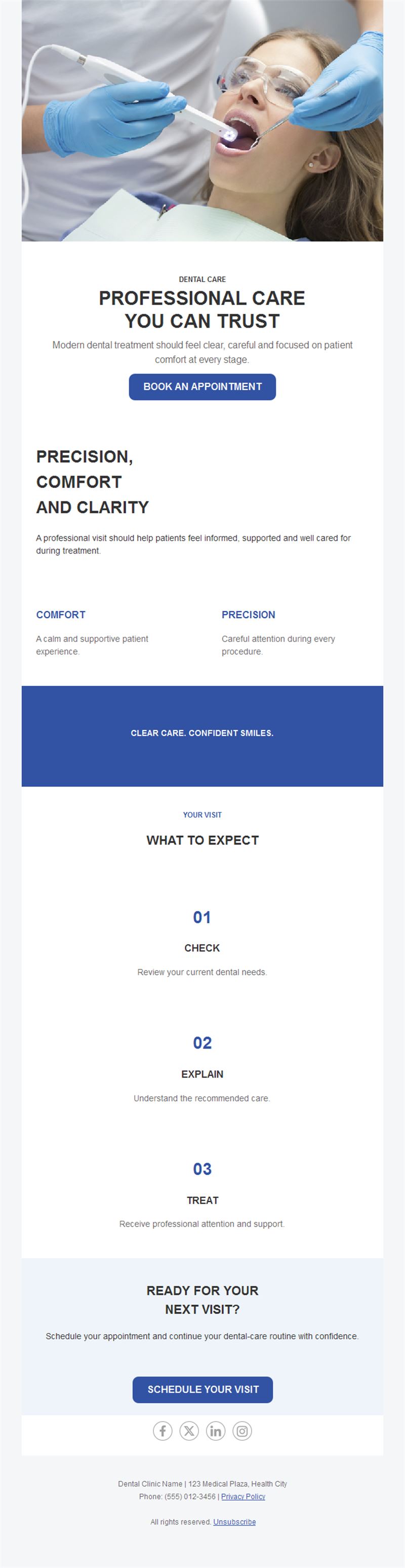 Professional dental care email in blue