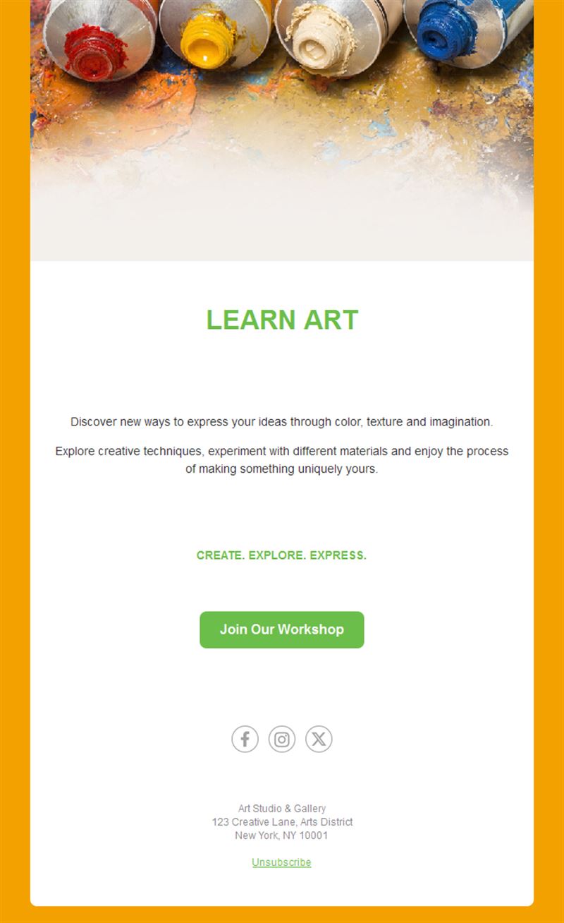 Art workshop invitation email template