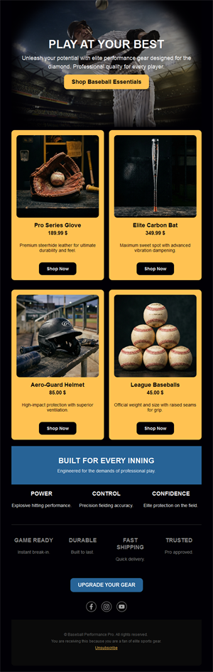 Premium baseball equipment sale email
