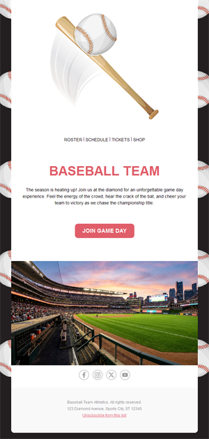Baseball team game day invitation email