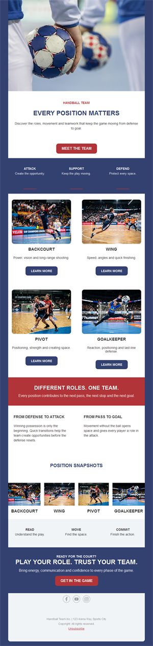 Handball positions newsletter template