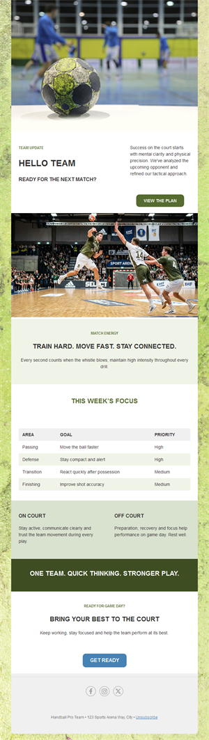 Handball team update with weekly plan