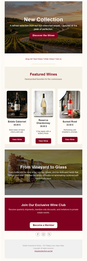 Winery featured wines and wine club email