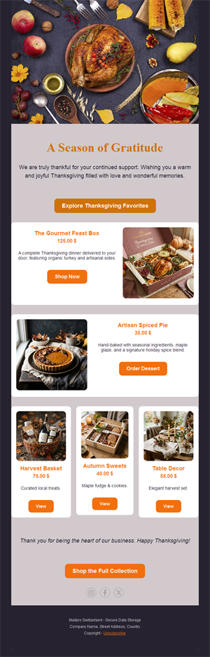 Gourmet Thanksgiving products email