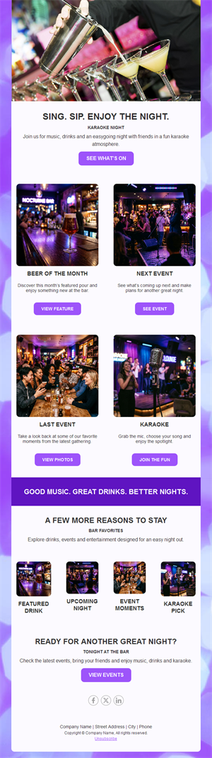 Karaoke night and bar events newsletter