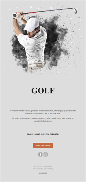 Grey golf club email with golfer