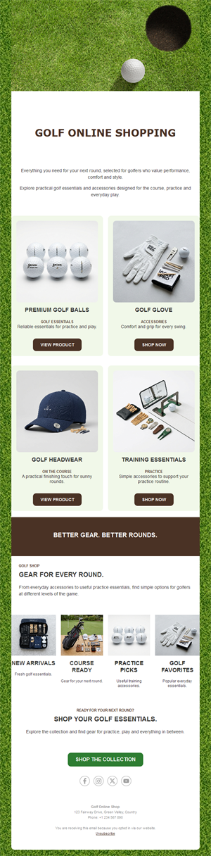 Golf shop email with products