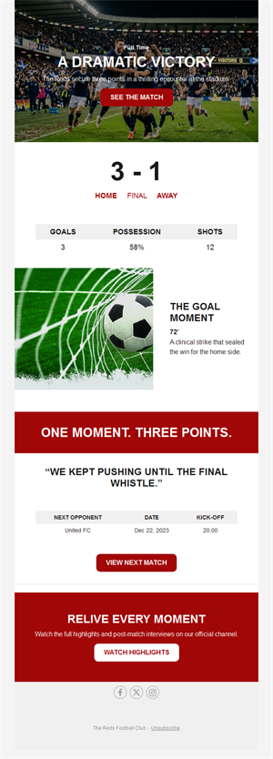 Football match result email template