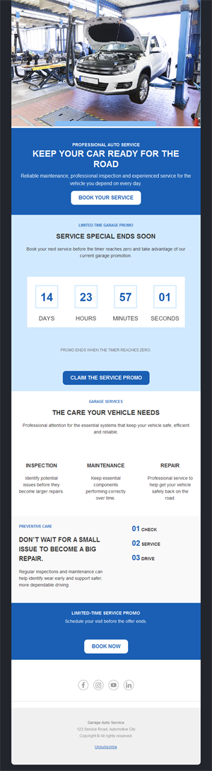 Garage service promo email with countdown