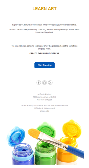 Simple art class email with paint pots