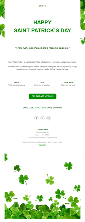 Shamrock St. Patrick's Day greeting email